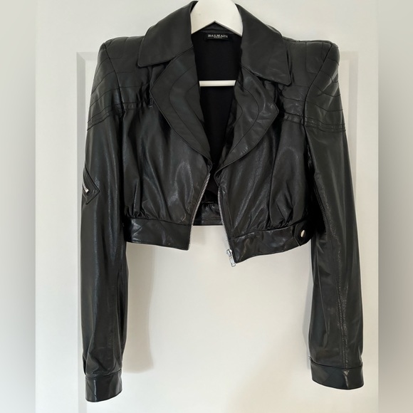Balmain XXS cropped leather jacket with padded shoulders - Picture 1 of 8